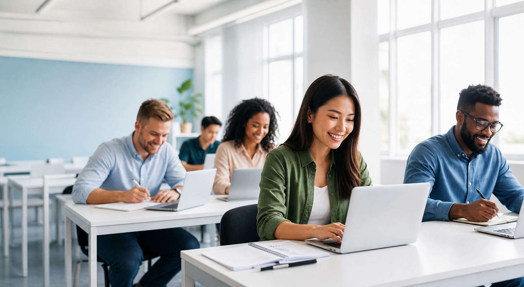 Happy adult students taking a practice exam in a bright classroom