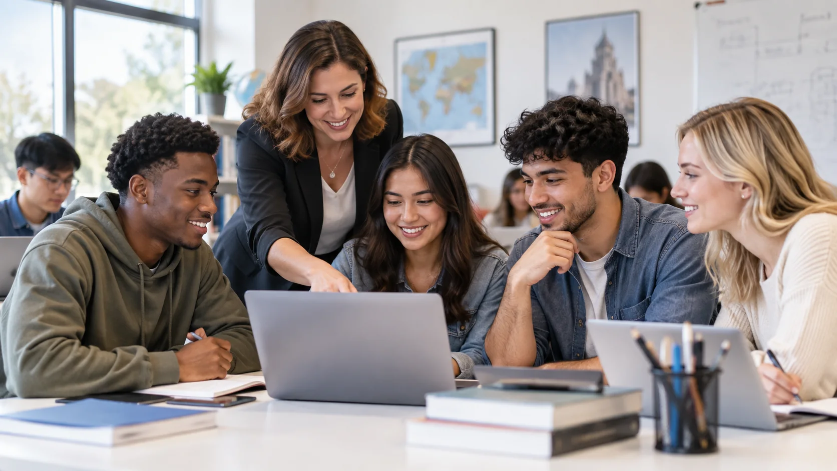 Diverse students working together with an instructor in a modern learning environment