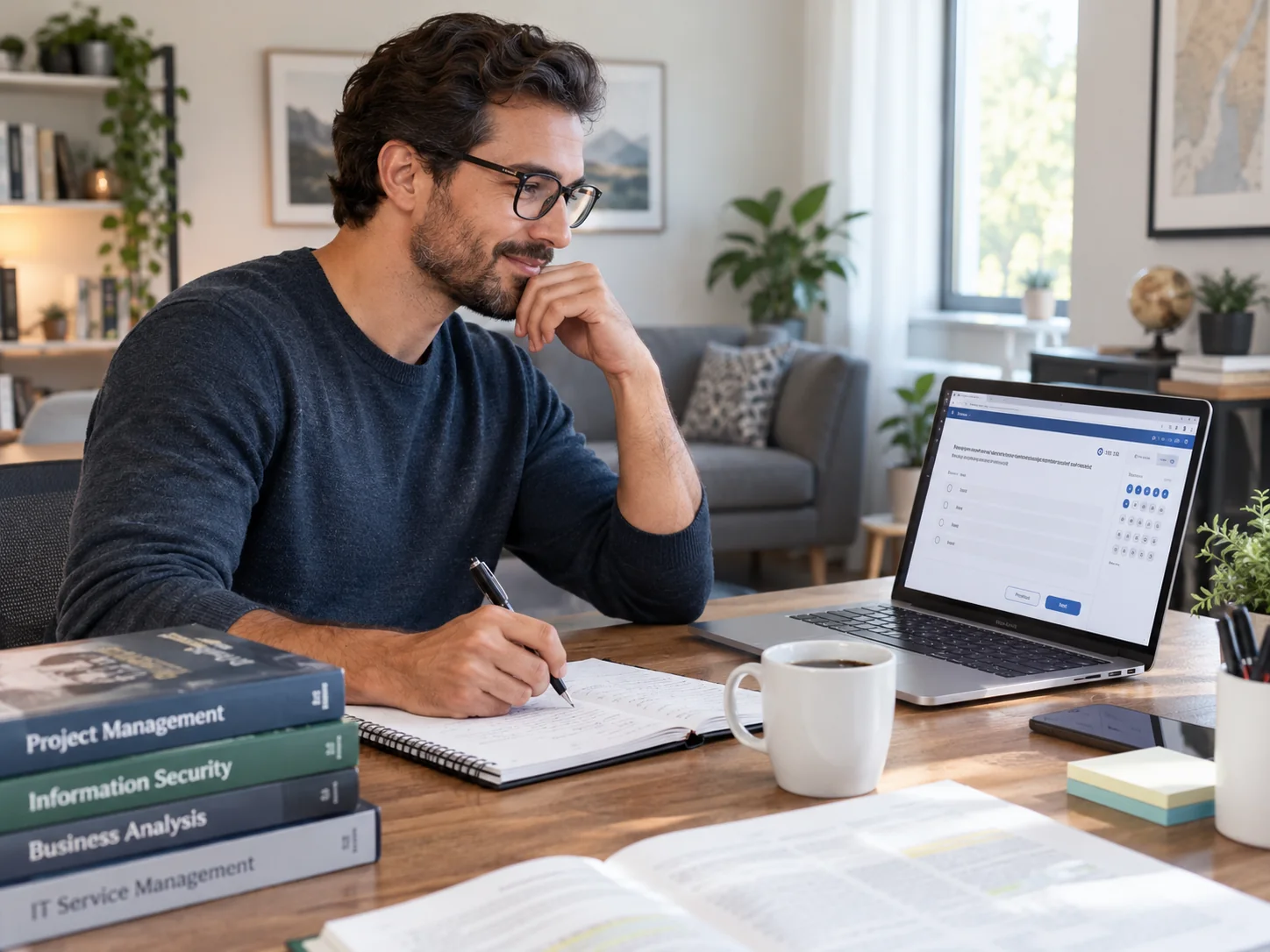 Adult learner studying for an online practice exam at home